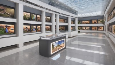 sky,indoors,tree,no humans,window,sunlight,plant,building,scenery,reflection,stairs,door,chinese text,tiles,tile floor,reflective floor,cloud,shadow,shelf,poster (object),painting (object),portrait (object)