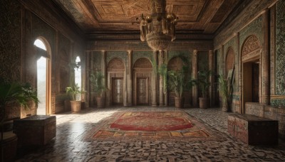 day,indoors,no humans,window,table,sunlight,plant,scenery,wooden floor,stairs,door,potted plant,light,architecture,pillar,statue,carpet,arch,rug,chandelier,column,light rays,fantasy,lamp,ceiling