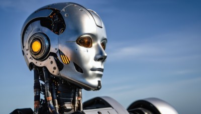 solo,1boy,male focus,sky,day,blue sky,no humans,helmet,robot,portrait,mecha,science fiction,realistic,android,cable,looking ahead,humanoid robot,1girl,blurry,from side,lips,orange eyes,blurry background,glowing,close-up,machinery