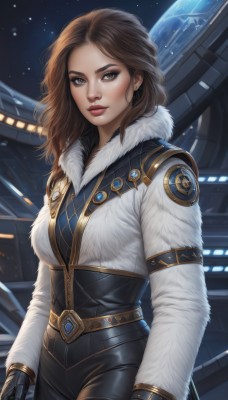 1girl,solo,long hair,breasts,looking at viewer,brown hair,gloves,long sleeves,brown eyes,jewelry,medium breasts,jacket,weapon,earrings,black gloves,belt,pants,medium hair,lips,fur trim,bodysuit,makeup,white jacket,lipstick,star (sky),eyeshadow,science fiction,realistic,nose,white coat,red lips,space,planet,holding,closed mouth,standing,cowboy shot,artist name,signature,holding weapon,fur collar,black bodysuit,stud earrings