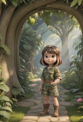 1girl,solo,looking at viewer,smile,short hair,bangs,brown hair,shirt,brown eyes,closed mouth,standing,jacket,full body,flower,short sleeves,boots,outdoors,shorts,day,belt,medium hair,uniform,black eyes,tree,military,military uniform,leaf,brown footwear,sunlight,grass,plant,child,nature,pink flower,sleeves rolled up,forest,walking,pocket,hand in pocket,green jacket,green shirt,female child,breast pocket,camouflage,green shorts,path,camouflage jacket