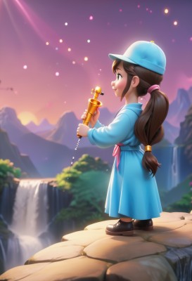 1girl,solo,long hair,smile,brown hair,long sleeves,hat,dress,holding,brown eyes,standing,full body,ponytail,weapon,outdoors,sky,shoes,water,black footwear,blurry,from side,gun,profile,blurry background,blue dress,blue shirt,child,low ponytail,blue headwear,low-tied long hair,female child,waterfall,multi-tied hair,boots,sash,brown footwear,instrument,baseball cap,sunset,rock,mountain