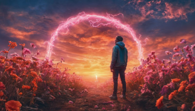 solo, black hair, 1boy, standing, jacket, flower, male focus, outdoors, sky, shoes, pants, cloud, hood, from behind, tree, hoodie, hood down, cloudy sky, sneakers, scenery, hooded jacket, sunset, wide shot, lightning