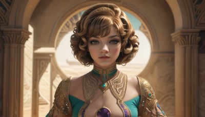 1girl,solo,breasts,looking at viewer,short hair,bangs,blue eyes,brown hair,dress,cleavage,jewelry,medium breasts,upper body,hairband,parted lips,day,artist name,indoors,armor,blurry,lips,grey eyes,makeup,blurry background,blue dress,watermark,gem,portrait,curly hair,pillar,blush,smile,sky,teeth,eyelashes,sunlight,backlighting,realistic