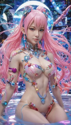 1girl,solo,long hair,breasts,looking at viewer,bangs,blue eyes,hair ornament,navel,cleavage,jewelry,medium breasts,sitting,swimsuit,pink hair,earrings,parted lips,water,bracelet,lips,wet,revealing clothes,armlet,partially submerged,science fiction,realistic,android,cyberpunk,bare shoulders,bikini,hairband,pool,bikini armor