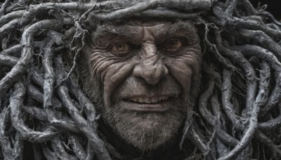 solo,looking at viewer,smile,simple background,1boy,brown eyes,male focus,teeth,grin,facial hair,black background,portrait,beard,close-up,realistic,old,skeleton,old man,horror (theme),white hair