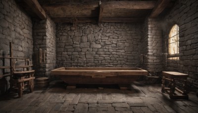 day,indoors,no humans,window,shadow,chair,table,sunlight,scenery,light rays,wooden floor,wall,brick wall,barrel,crate,brick,wooden chair,weapon,sword,stairs,fantasy,door,stool,wooden wall,stone floor,wooden table,stone wall,fireplace,wood,brick floor