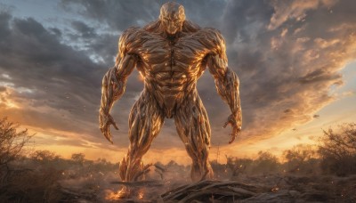 solo,1boy,standing,male focus,outdoors,sky,cloud,tree,no humans,muscular,colored skin,abs,cloudy sky,fire,muscular male,scenery,veins,monster,giant,statue,alien,burning,nude,bald,ruins,destruction