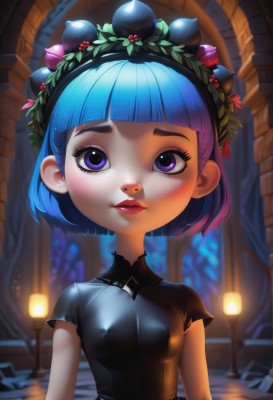 1girl,solo,breasts,looking at viewer,blush,smile,short hair,bangs,blue eyes,shirt,hair ornament,dress,jewelry,blue hair,purple eyes,upper body,flower,short sleeves,multicolored hair,hairband,earrings,small breasts,parted lips,artist name,indoors,hair flower,blunt bangs,blurry,black dress,covered nipples,lips,loli,eyelashes,makeup,depth of field,blurry background,rose,bob cut,lipstick,freckles,red lips,head wreath,stained glass,church,closed mouth,purple hair,two-tone hair,gradient hair,leaf,watermark,web address,nose,object on head,lamppost,wreath