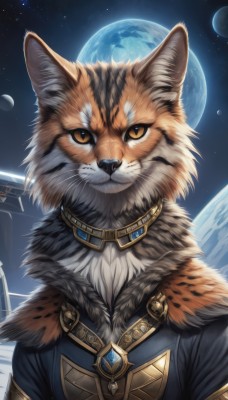 solo,looking at viewer,1boy,brown eyes,jewelry,closed mouth,upper body,male focus,outdoors,sky,artist name,signature,orange eyes,no humans,night,animal,moon,cat,gem,star (sky),night sky,furry,full moon,starry sky,fur collar,furry male,animal focus,planet,whiskers,brown fur,orange fur,jacket,necklace,pendant,realistic,space,earth (planet)