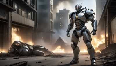 HQ,standing,weapon,lying,signature,armor,military,no humans,glowing,fire,robot,building,mecha,glowing eyes,smoke,science fiction,city,realistic,cable,explosion,ruins,damaged,power armor,embers,destruction,outdoors,battle,dirty,defeat,death,dust,corpse