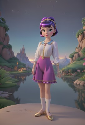 1girl,solo,looking at viewer,smile,short hair,bangs,skirt,shirt,long sleeves,brown eyes,jewelry,standing,full body,white shirt,purple hair,flower,hairband,earrings,outdoors,parted lips,sky,shoes,shorts,teeth,socks,collared shirt,artist name,signature,blunt bangs,water,black eyes,tree,lips,kneehighs,makeup,night,brown footwear,lipstick,white socks,building,star (sky),night sky,starry sky,purple skirt,red lips,shirt tucked in,castle,blush,ribbon,hair bun,single hair bun,blouse,pink skirt