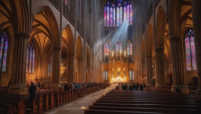 multiple boys,indoors,no humans,window,sunlight,scenery,6+boys,light rays,stairs,light,architecture,sunbeam,pillar,statue,crowd,stained glass,church,arch,column,vanishing point,multiple girls,blonde hair,cross,fire,walking