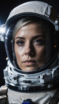 1girl,solo,looking at viewer,brown hair,black hair,brown eyes,closed mouth,signature,lips,helmet,portrait,reflection,science fiction,realistic,nose,space,spacesuit,space helmet,astronaut,shiny,close-up,lens flare,freckles,planet