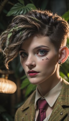 1girl,solo,looking at viewer,short hair,blue eyes,brown hair,shirt,black hair,jewelry,closed mouth,green eyes,jacket,white shirt,earrings,necktie,collared shirt,artist name,mole,blurry,lips,grey eyes,eyelashes,mole under eye,makeup,blurry background,leaf,facial mark,formal,suit,plant,lipstick,red necktie,portrait,freckles,lantern,green jacket,realistic,nose,red lips,lamp,facepaint,pink necktie,purple necktie,watermark