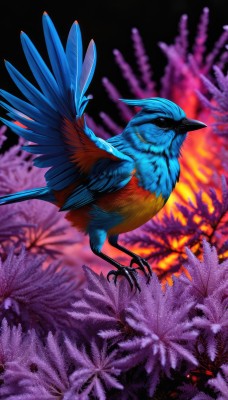 solo,full body,flower,wings,blurry,black eyes,pokemon (creature),no humans,blurry background,bird,animal,feathers,flying,realistic,animal focus,talons,beak,closed mouth,outdoors,signature,tree,night,watermark,claws