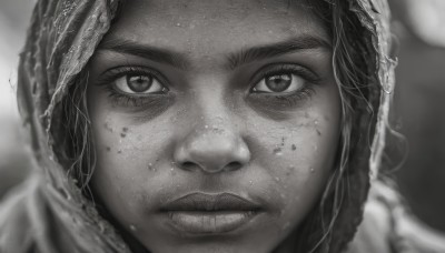 1girl,solo,looking at viewer,closed mouth,monochrome,greyscale,male focus,parted lips,hood,blurry,lips,eyelashes,depth of field,blurry background,portrait,close-up,hood up,freckles,realistic,nose,straight-on,teeth,dirty