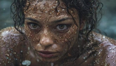 1girl,solo,looking at viewer,short hair,black hair,brown eyes,closed mouth,dark skin,water,blurry,dark-skinned female,lips,wet,depth of field,blurry background,portrait,close-up,water drop,realistic,nose,wet hair,very dark skin,eyelashes,messy hair,freckles