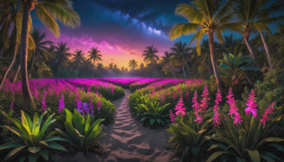 flower, outdoors, sky, cloud, tree, no humans, night, plant, star (sky), nature, night sky, scenery, starry sky, sunset, palm tree, purple sky