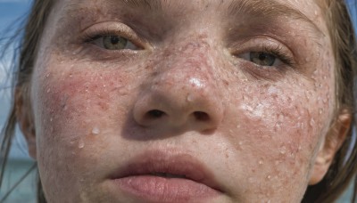 1girl,solo,looking at viewer,brown hair,brown eyes,closed mouth,blurry,lips,wet,eyelashes,portrait,close-up,freckles,realistic,nose,wet hair,eye focus,green eyes,sweat,dirty,dirty face