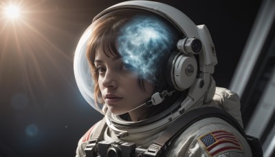 1girl,solo,looking at viewer,short hair,brown hair,brown eyes,upper body,parted lips,blurry,lips,helmet,portrait,lens flare,reflection,science fiction,realistic,nose,sun,space,planet,earth (planet),american flag,spacesuit,japanese flag,space helmet,astronaut,bangs,blue eyes,bag,backpack,headset,light rays,united states,american flag print