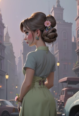 1girl,solo,breasts,blush,short hair,blue eyes,brown hair,hair ornament,gloves,dress,holding,jewelry,standing,ass,flower,short sleeves,earrings,outdoors,sky,looking back,hair flower,fingerless gloves,hair bun,from behind,mole,bracelet,lips,profile,makeup,looking away,single hair bun,lipstick,ground vehicle,building,motor vehicle,pink flower,backlighting,freckles,green dress,bouquet,city,holding flower,car,lamppost,mole on neck,skirt,shirt,medium breasts,closed mouth,cowboy shot,day,artist name,green skirt,high-waist skirt,long skirt,nose,green shirt,red lips,flower earrings