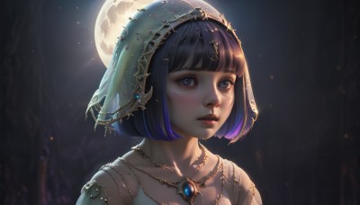 1girl,solo,looking at viewer,blush,short hair,bangs,blue eyes,black hair,jewelry,blue hair,collarbone,upper body,purple hair,multicolored hair,outdoors,parted lips,artist name,blunt bangs,necklace,blurry,lips,grey eyes,night,blurry background,moon,bob cut,gem,portrait,night sky,veil,full moon,freckles,realistic,nose,moonlight,eyelashes,backlighting