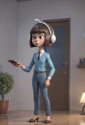 1girl,solo,short hair,bangs,brown hair,shirt,long sleeves,holding,brown eyes,closed mouth,standing,jacket,full body,white shirt,ahoge,necktie,shoes,collared shirt,belt,pants,indoors,signature,blunt bangs,black footwear,high heels,lips,headphones,phone,formal,bob cut,cellphone,suit,plant,blue jacket,black necktie,smartphone,holding phone,blue necktie,door,blue pants,pen,potted plant,brown belt,lamp,office lady,pencil,tablet pc,pant suit,office