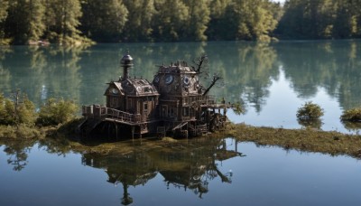 outdoors,sky,day,water,tree,no humans,grass,building,nature,scenery,forest,reflection,fantasy,clock,bridge,river,gears,tower,window,house,lake,reflective water