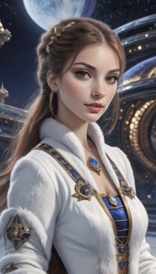 1girl,solo,long hair,breasts,looking at viewer,brown hair,hair ornament,long sleeves,dress,brown eyes,jewelry,medium breasts,upper body,earrings,sky,necklace,lips,coat,grey eyes,fur trim,makeup,night,moon,gem,star (sky),night sky,full moon,starry sky,freckles,realistic,nose,white coat,smile,cleavage,closed mouth,eyelashes,lipstick,forehead,pendant,red lips,planet