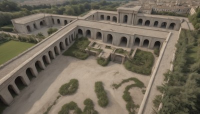 outdoors,sky,day,tree,no humans,grass,building,nature,scenery,forest,road,bush,house,bridge,river,path,plant,ruins,castle,tower,landscape,arch