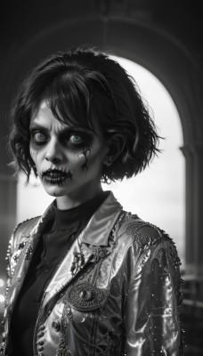 1girl,solo,looking at viewer,short hair,blue eyes,jewelry,jacket,monochrome,upper body,greyscale,earrings,open clothes,teeth,blurry,lips,makeup,blurry background,turtleneck,piercing,messy hair,spot color,stitches,breasts,bangs,shirt,black hair,mole,see-through,heterochromia,scar,sharp teeth,realistic,zombie,horror (theme),stitched mouth