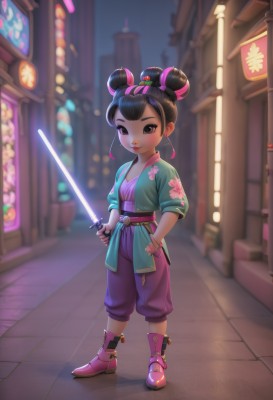 1girl,solo,looking at viewer,smile,short hair,black hair,hair ornament,ribbon,holding,brown eyes,jewelry,closed mouth,standing,full body,hair ribbon,weapon,earrings,boots,outdoors,pants,sword,hair bun,holding weapon,blurry,black eyes,bracelet,lips,double bun,night,blurry background,holding sword,chinese clothes,child,pink ribbon,city,pink footwear,female child,energy sword,neon lights,japanese clothes,belt,katana,hand in pocket