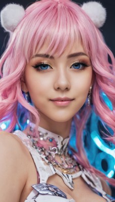 1girl,solo,long hair,breasts,looking at viewer,smile,bangs,blue eyes,hair ornament,cleavage,bare shoulders,jewelry,medium breasts,closed mouth,blue hair,upper body,pink hair,multicolored hair,earrings,necklace,two-tone hair,lips,eyelashes,makeup,portrait,close-up,eyeshadow,realistic,nose,animal ears,chain,gem