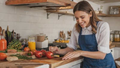 1girl,solo,long hair,smile,open mouth,brown hair,shirt,closed eyes,white shirt,upper body,food,teeth,collared shirt,indoors,grin,blurry,apron,fruit,blurry background,knife,sleeves rolled up,realistic,overalls,carrot,kitchen,tomato,vegetable,cucumber,lettuce,potato,blue overalls,cutting board,onion,short sleeves,cup,fingernails,bottle,denim,apple,brick wall,orange (fruit),banana,lemon,radish