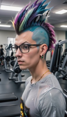 solo,looking at viewer,short hair,shirt,1boy,jewelry,blue hair,white shirt,upper body,pink hair,purple hair,male focus,multicolored hair,earrings,parted lips,green hair,glasses,solo focus,indoors,necklace,blurry,black eyes,two-tone hair,lips,streaked hair,blurry background,facial hair,piercing,t-shirt,ear piercing,freckles,black-framed eyewear,realistic,nose,multiple boys,feathers,beard,stubble,stud earrings,undercut,mohawk