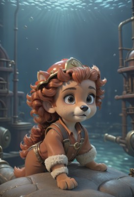 solo,long hair,smile,brown hair,shirt,1boy,hat,animal ears,brown eyes,closed mouth,tail,braid,short sleeves,male focus,red hair,belt,water,fur trim,goggles,child,furry,freckles,fish,underwater,overalls,furry male,male child,body fur,animal nose,snout,1girl,very long hair,artist name,helmet,curly hair,light rays,air bubble,watercraft,brown fur,aquarium