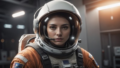 1girl,solo,looking at viewer,brown hair,brown eyes,closed mouth,upper body,indoors,blurry,lips,depth of field,blurry background,helmet,portrait,headset,reflection,science fiction,realistic,nose,american flag,spacesuit,space helmet,astronaut,short hair,black hair,expressionless,thick eyebrows,backpack,forehead,serious,space