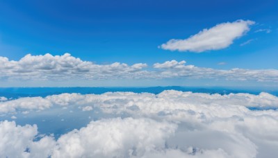 outdoors,sky,day,cloud,signature,water,blue sky,no humans,ocean,cloudy sky,scenery,blue theme,horizon,landscape,above clouds,1girl,monochrome,bird,flying,very wide shot