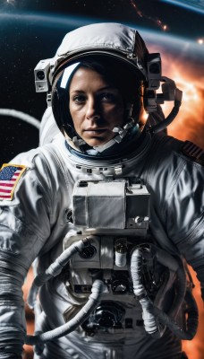 1girl,solo,looking at viewer,black hair,1boy,male focus,helmet,star (sky),science fiction,realistic,space,planet,earth (planet),american flag,spacecraft,spacesuit,japanese flag,astronaut,reflection,pilot,space helmet,united states