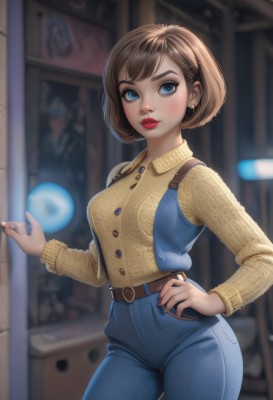 1girl,solo,breasts,looking at viewer,short hair,bangs,blue eyes,brown hair,shirt,long sleeves,jewelry,medium breasts,standing,cowboy shot,earrings,parted lips,collared shirt,belt,pants,artist name,indoors,nail polish,blurry,sweater,lips,fingernails,hand on hip,eyelashes,makeup,buttons,depth of field,blurry background,swept bangs,bob cut,thick eyebrows,suspenders,denim,lipstick,red nails,freckles,contrapposto,yellow shirt,jeans,nose,blue pants,red lips,stud earrings,brown belt,mascara,blush,hair ornament,hairclip,vest,buckle,yellow sweater