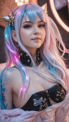 1girl,solo,long hair,breasts,looking at viewer,bangs,blue eyes,large breasts,hair ornament,cleavage,bare shoulders,jewelry,medium breasts,closed mouth,underwear,blue hair,upper body,pink hair,multicolored hair,earrings,bra,collar,two-tone hair,lips,eyelashes,strapless,tattoo,gradient hair,makeup,detached collar,bug,black bra,butterfly,eyeshadow,realistic,nose,arm tattoo,mascara,artist name,blurry,butterfly hair ornament