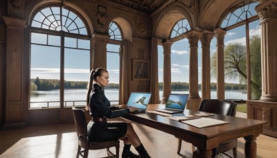 1girl,solo,long hair,skirt,black hair,long sleeves,holding,twintails,jewelry,sitting,closed mouth,ponytail,earrings,boots,sky,shorts,day,socks,belt,cloud,indoors,water,black footwear,from side,tree,blue sky,book,window,profile,shadow,bird,ocean,chair,looking away,table,sunlight,cloudy sky,black socks,scenery,paper,pen,pillar,holding pen,painting (object),writing,brown hair,jacket,cup,crossed legs