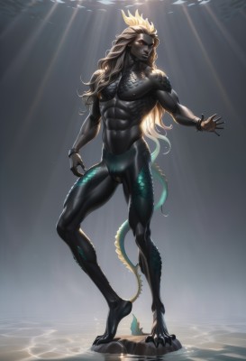 solo,long hair,looking at viewer,blonde hair,red eyes,1boy,navel,jewelry,nipples,standing,tail,full body,male focus,artist name,water,muscular,glowing,colored skin,abs,sunlight,dark-skinned male,pectorals,muscular male,claws,colored sclera,toned,bulge,topless male,dragon tail,black sclera,scales,grey skin,male swimwear,multicolored skin,monster boy,two-tone skin,black skin,swim briefs,nude,horns,bracelet,fingernails,makeup,fangs,wavy hair,piercing,glowing eyes,spikes,light rays,underwater,black lips