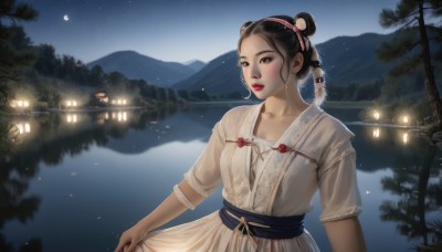 1girl,solo,brown hair,black hair,hair ornament,dress,brown eyes,collarbone,upper body,hairband,outdoors,sky,water,hair bun,white dress,tree,sash,makeup,night,bird,moon,star (sky),night sky,starry sky,reflection,lantern,mountain,realistic,skirt hold,red lips,lake,parted lips,lips,lipstick,hair rings