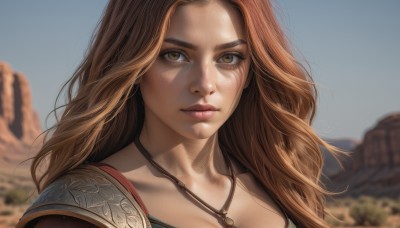 1girl,solo,long hair,breasts,looking at viewer,brown hair,cleavage,brown eyes,jewelry,closed mouth,collarbone,upper body,outdoors,day,necklace,armor,blurry,lips,blurry background,shoulder armor,portrait,freckles,pauldrons,realistic,nose,sky,blue sky,depth of field,sunlight,wind,close-up,forehead,mountain