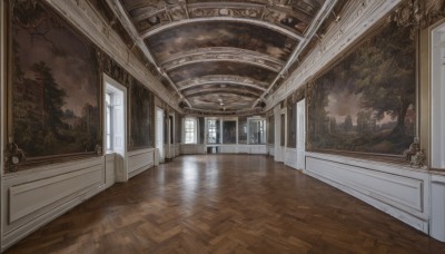 indoors,tree,no humans,window,sunlight,plant,scenery,reflection,wooden floor,stairs,door,architecture,pillar,painting (object),hallway,reflective floor,sky,cloud,night,building,chandelier