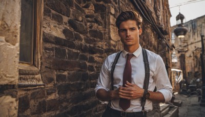 solo,looking at viewer,short hair,brown hair,shirt,black hair,long sleeves,1boy,brown eyes,standing,white shirt,upper body,male focus,outdoors,necktie,collared shirt,belt,pants,dark skin,blurry,dress shirt,facial hair,black pants,dark-skinned male,suspenders,own hands together,red necktie,building,sleeves rolled up,watch,realistic,wristwatch,wall,brick wall,lamppost,photo background,closed mouth,day,lips,blurry background,beard,black belt,stubble,car,lamp