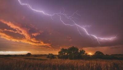 outdoors,sky,cloud,tree,no humans,cloudy sky,grass,nature,scenery,forest,sunset,mountain,sun,electricity,lightning,landscape,hill,horizon,field,twilight,evening