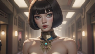 1girl,solo,looking at viewer,short hair,bangs,multiple girls,black hair,bare shoulders,jewelry,green eyes,collarbone,upper body,pink hair,nude,parted lips,solo focus,choker,indoors,blunt bangs,blurry,lips,eyelashes,makeup,blurry background,bob cut,lipstick,portrait,nose,red lips,eyeliner,breasts,blush,eyeshadow,realistic,mascara